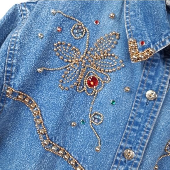 VTG 80s Pretty Bleu Stonewash Cotton Denim Gold Beaded Gems Short Sleeve Shirt S - Picture 5 of 12